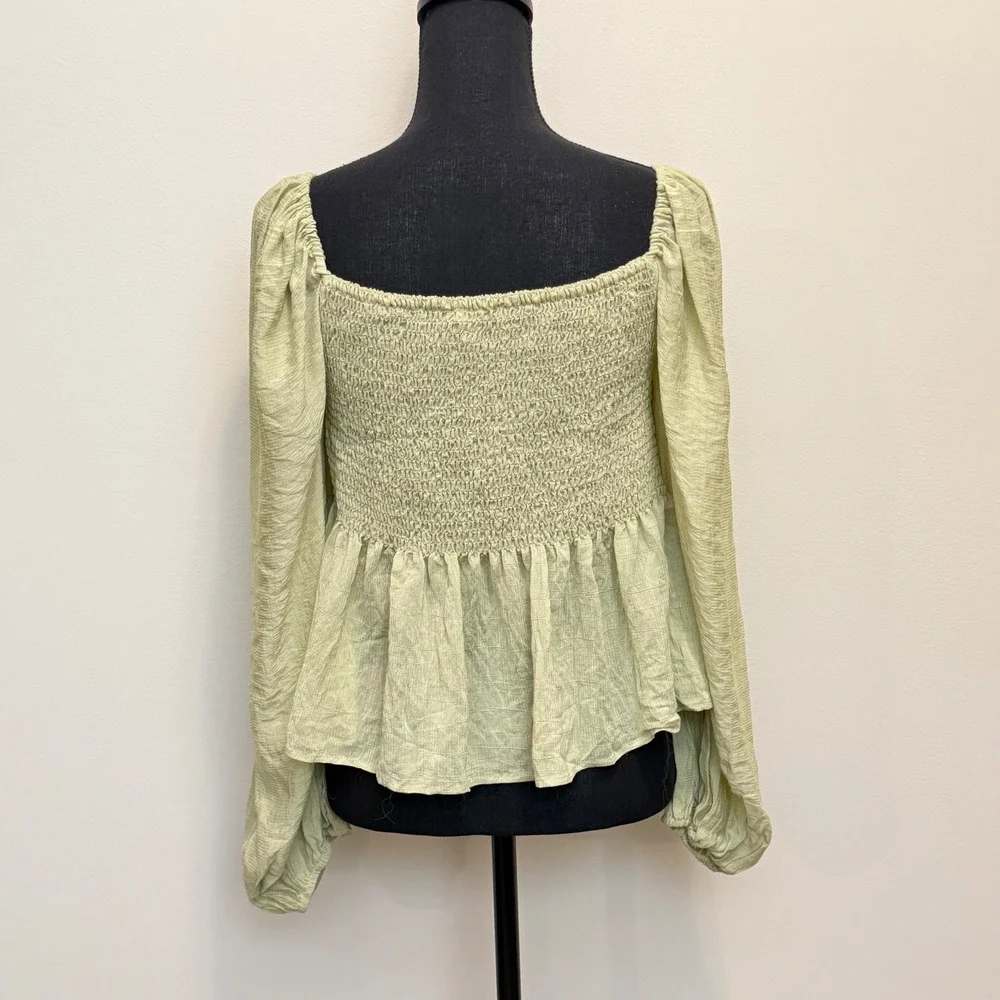Newbury Kustom Green Smocked Peplum Top Lantern Sleeve‎ Boho Babydoll Womens Lg